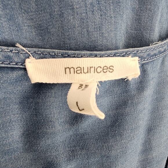 Maurices Top Womens Chambray Large Blue Button Front V Neck Pockets Short Sleeve - Picture 8 of 10